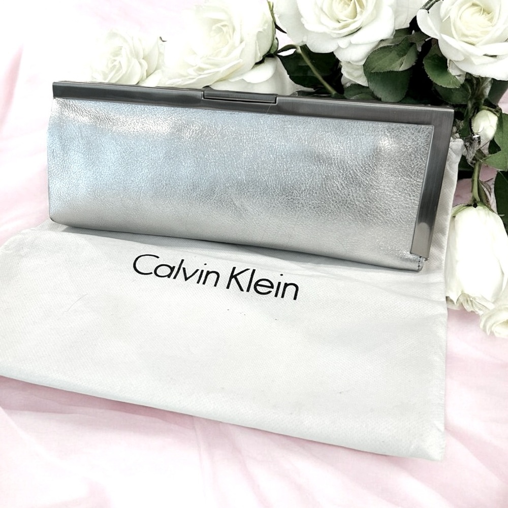 Calvin Klein Luxe Silver Leather Evening Clutch